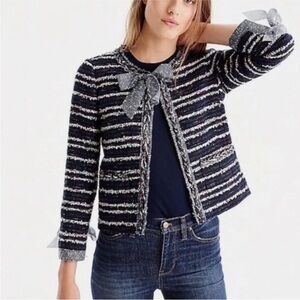 J. Crew Tweed Lady Jacket Blazer with Ties Cropped Navy Blue Pink 4 New with Tag